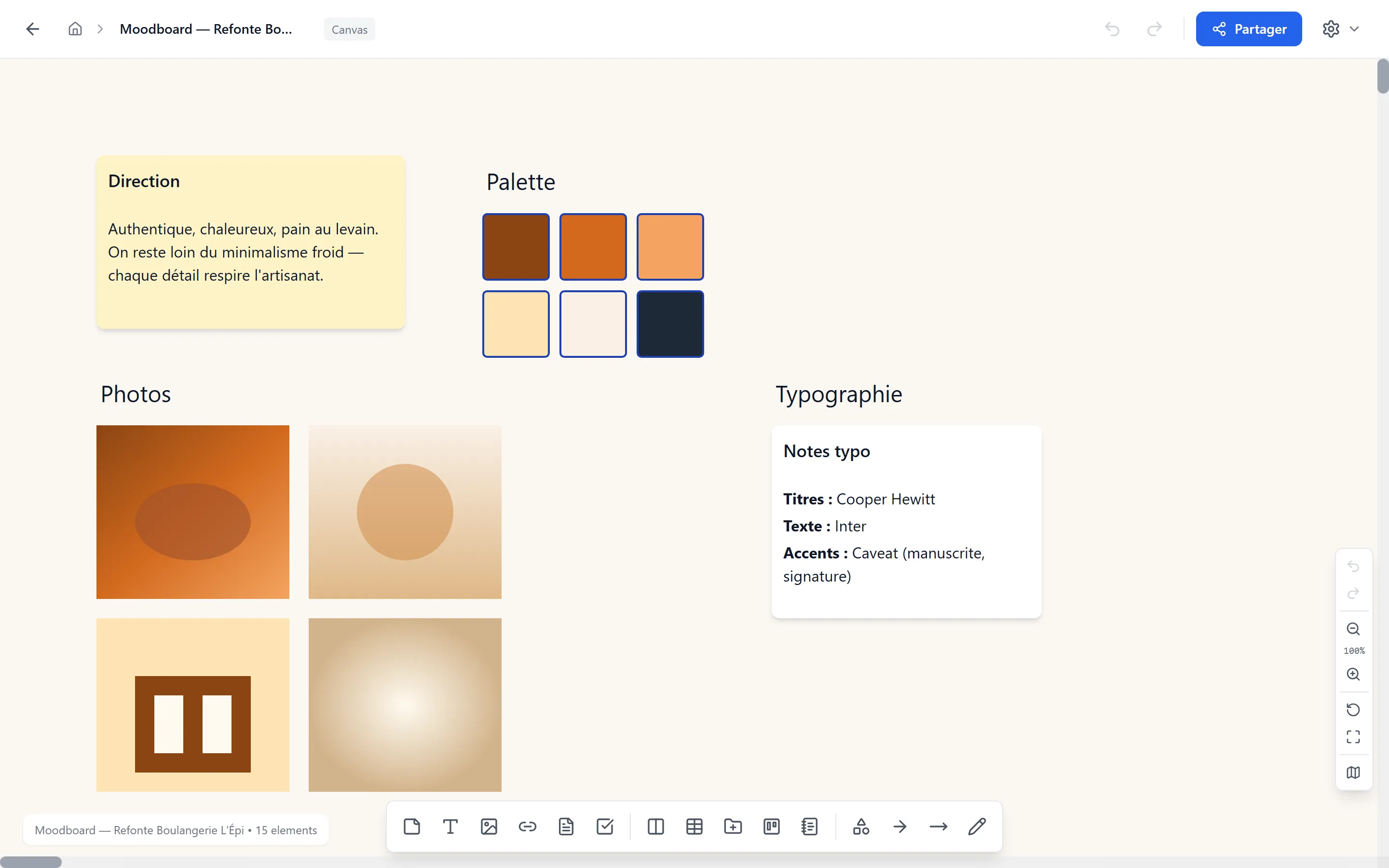 Canvas complet du Moodboard L'Épi — notes colorées, formes, flèches, images et dessin libre disposés sur la zone infinie