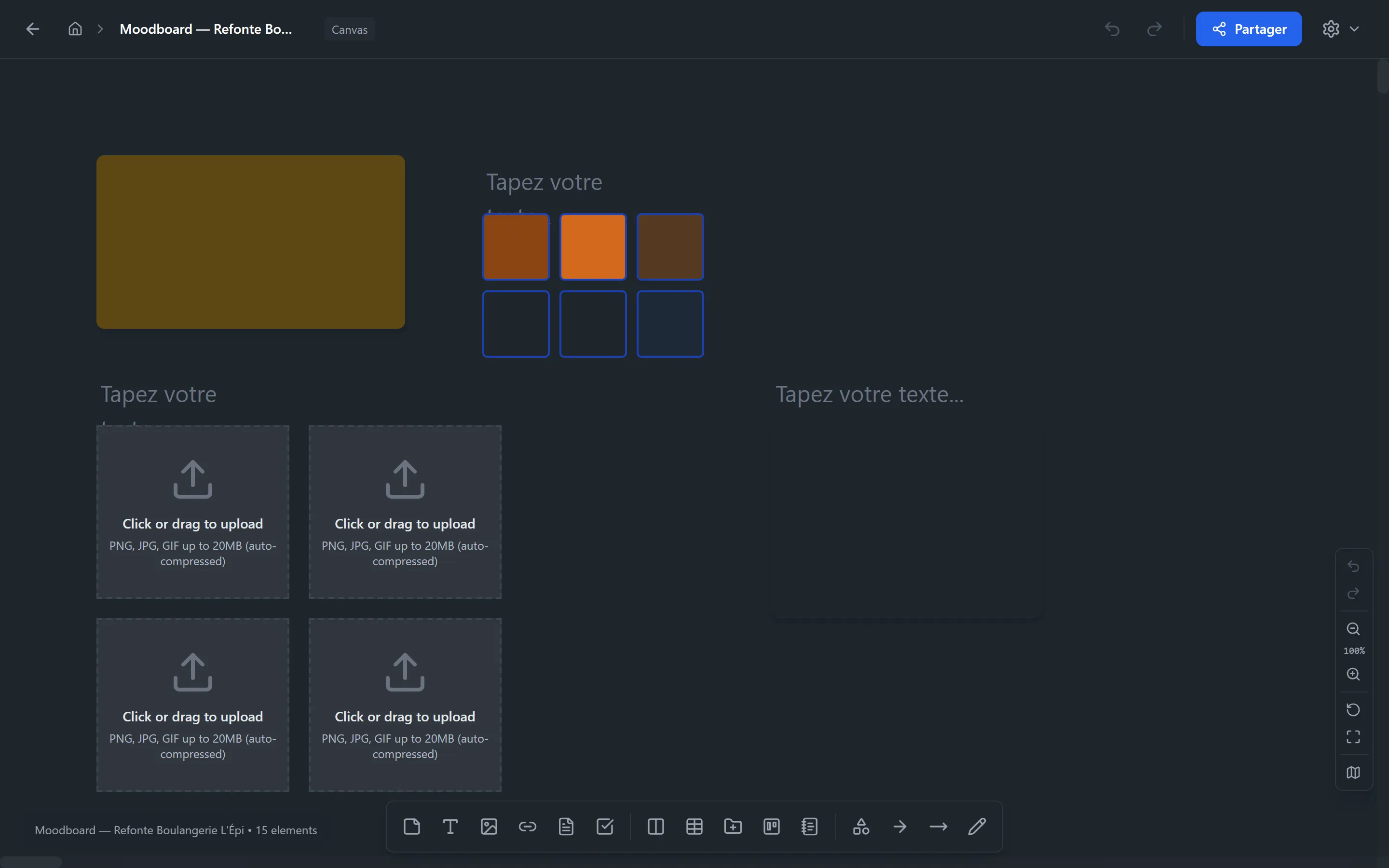 Layout du Canvas — zone centrale infinie, toolbar flottante en bas-centre, en-tête en haut, boutons annexes en bas-droite