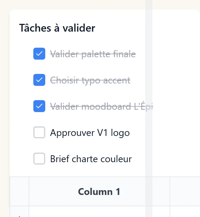 Élément Tâches « Tâches à valider » — 3 cases cochées (palette finale, typo accent, moodboard L'Épi) et 2 cases à faire