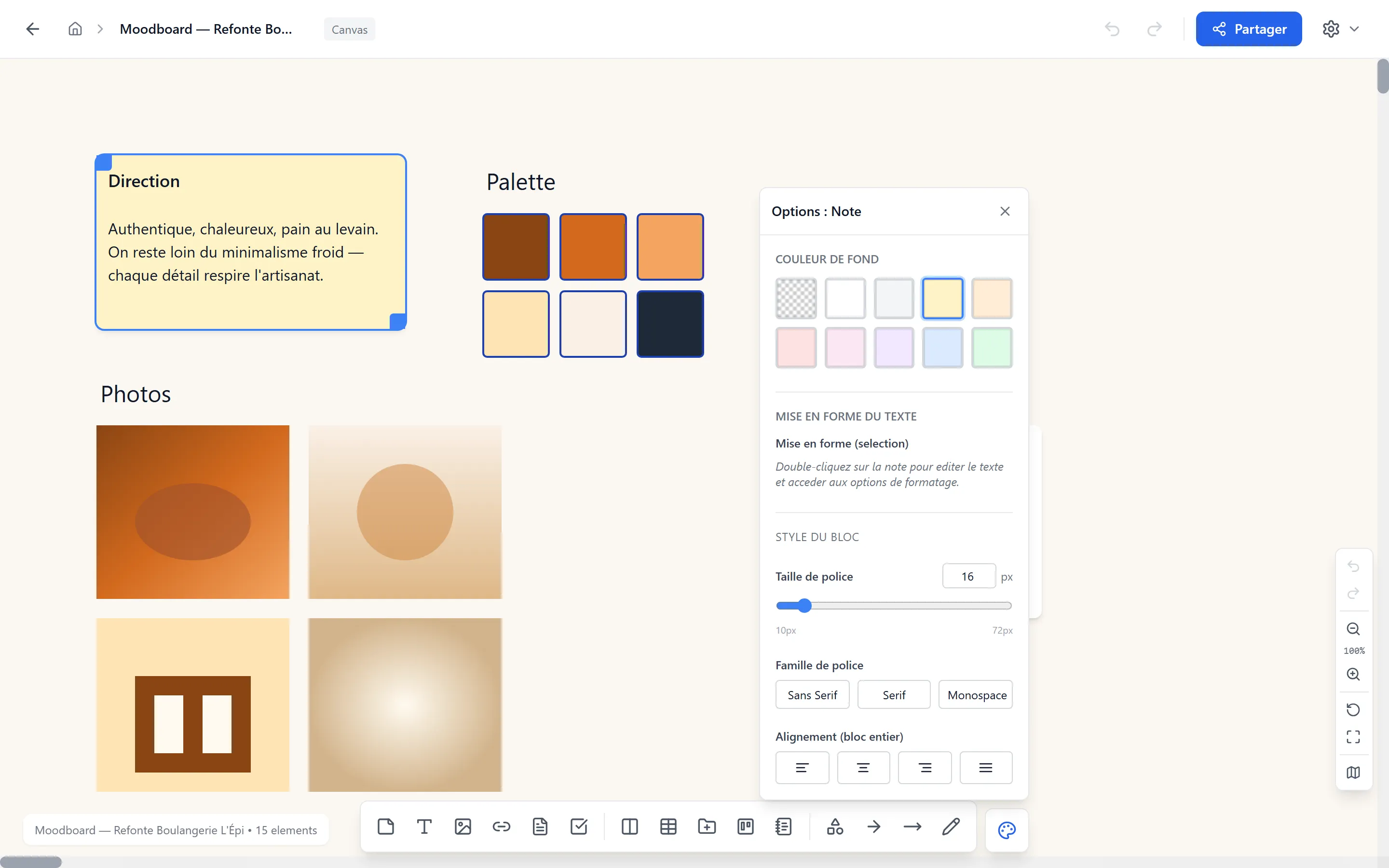 Panneau de personnalisation ouvert à droite — options de couleur de fond, formatage du texte pour une Note sélectionnée