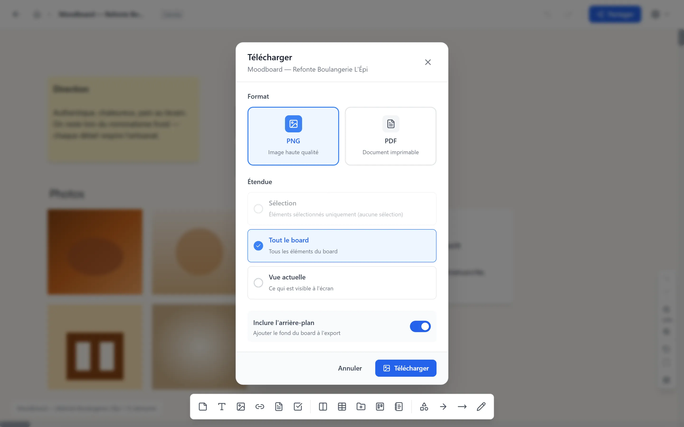 Modal Exporter avec sélecteur de format (JSON/PNG/PDF) et bouton Télécharger