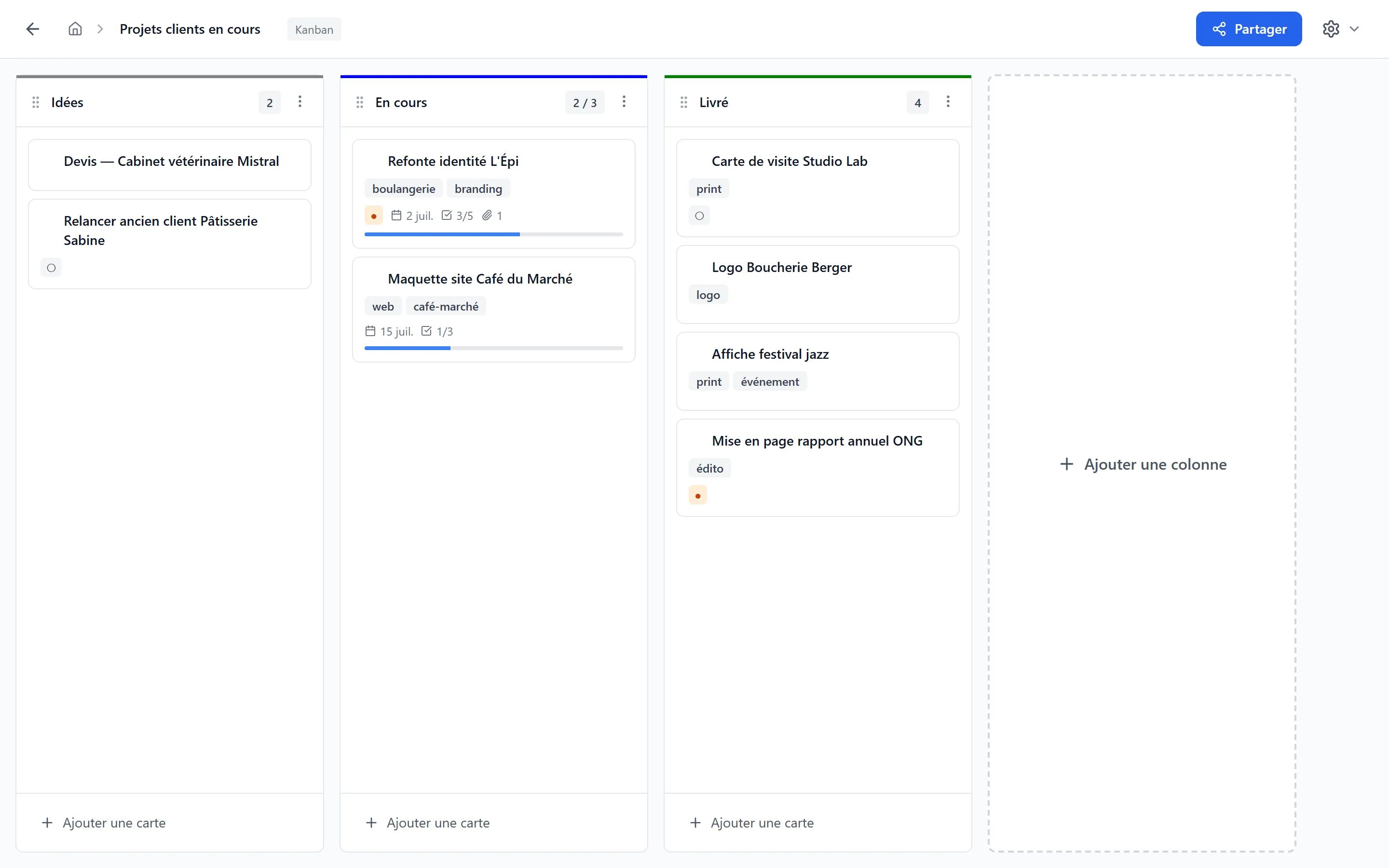 Kanban complet — colonnes colorées avec cartes, tags, priorités et dates d'échéance