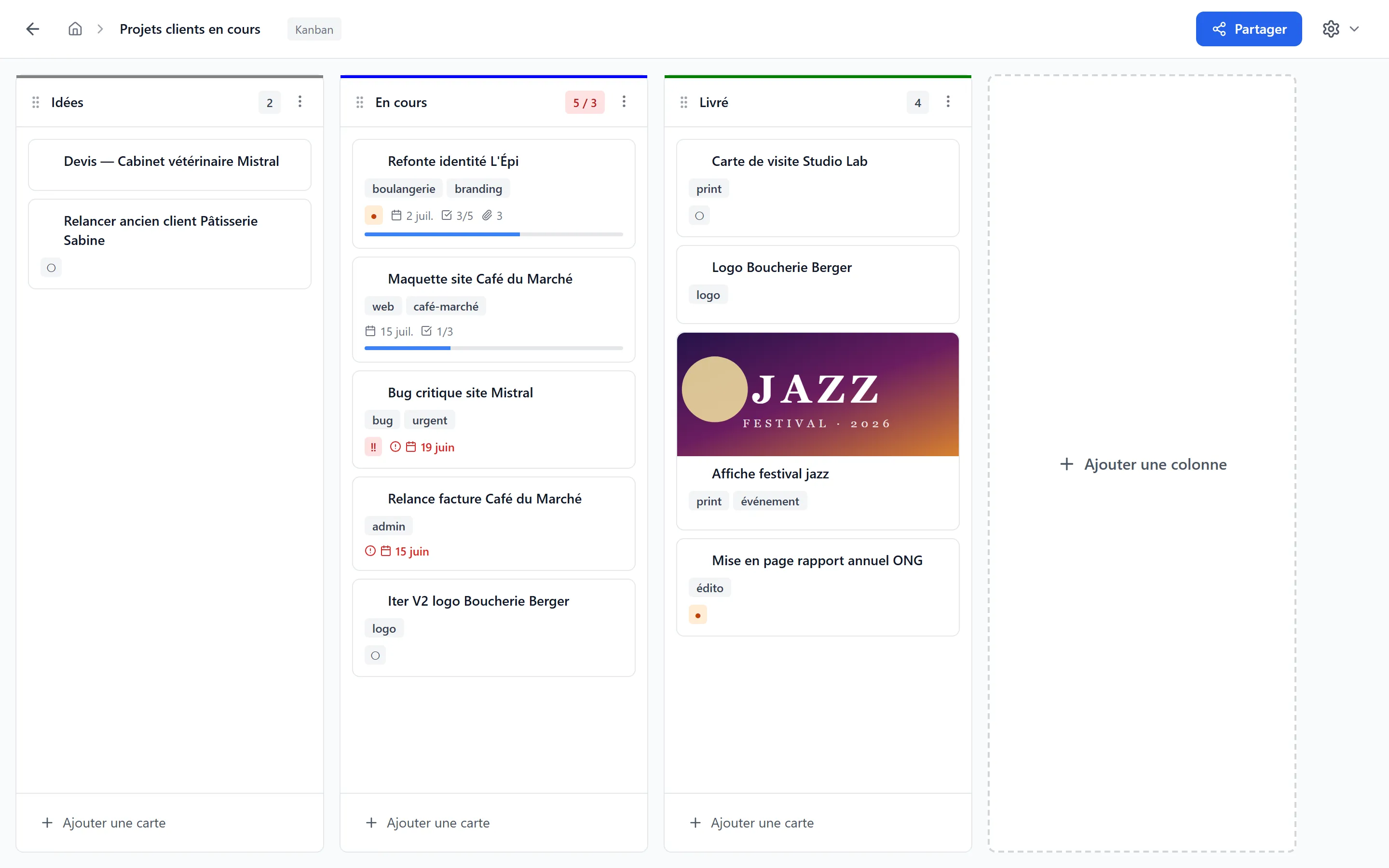 Kanban Projets clients en cours — cartes affichant les différents niveaux de priorité (URGENT en rouge ‼, HIGH en orange, MEDIUM en bleu, LOW sans badge)