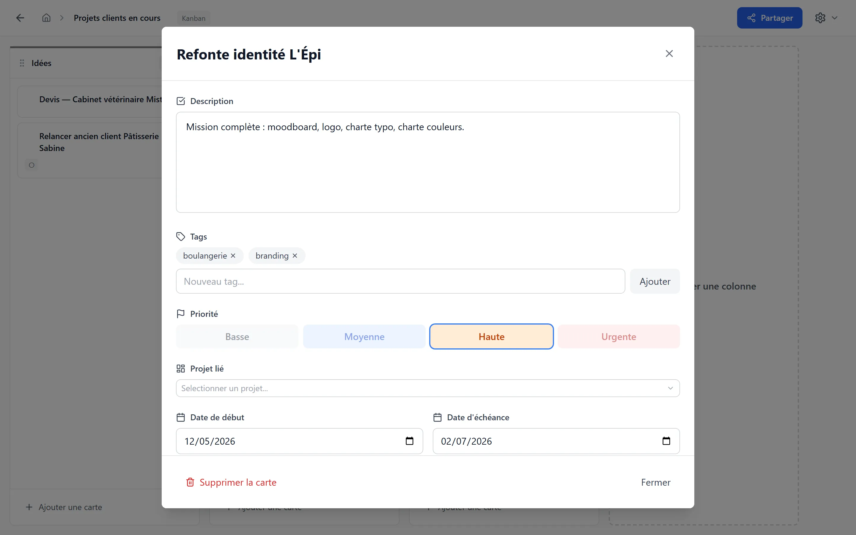 Modal carte complet — titre, description, priorité, tags, dates, checklist et pièces jointes
