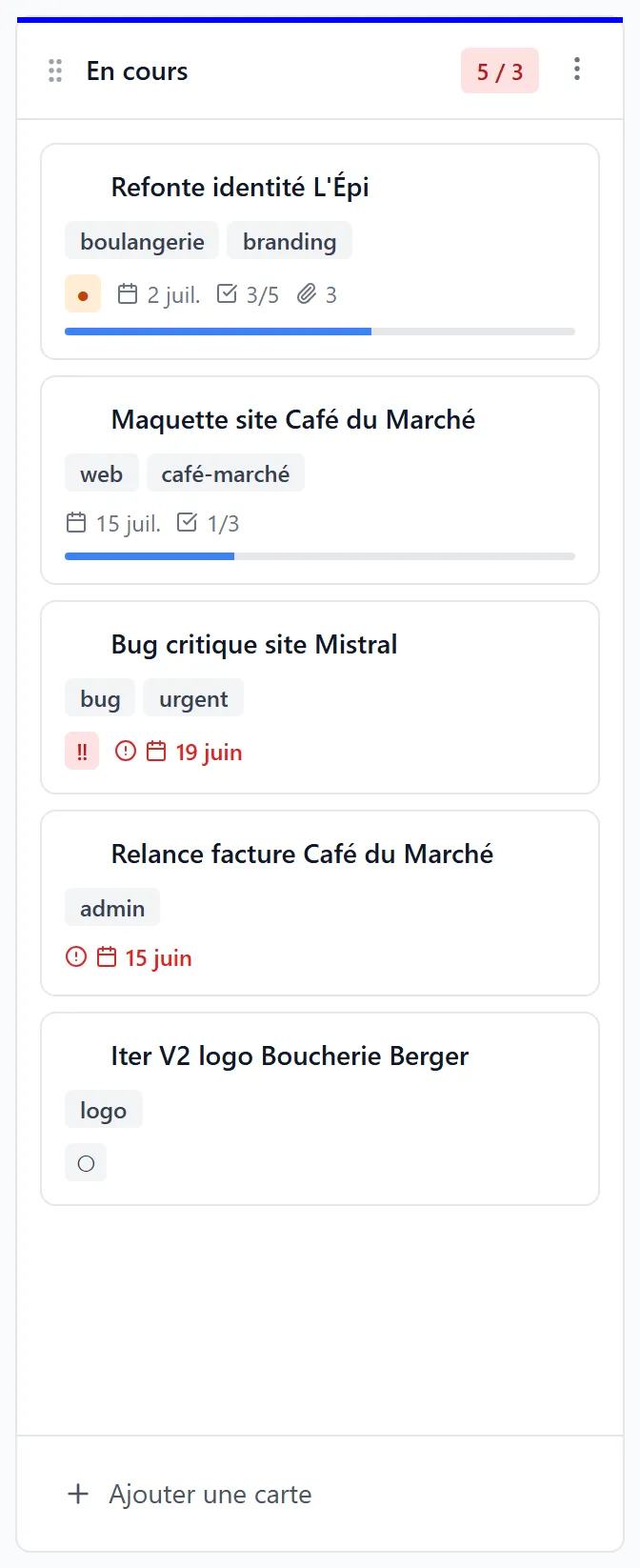 Colonne « En cours » — carte URGENT (Bug critique Mistral, badge rouge ‼) avec échéance dépassée 19 juin, et carte « Relance facture » avec date 15 juin en rouge