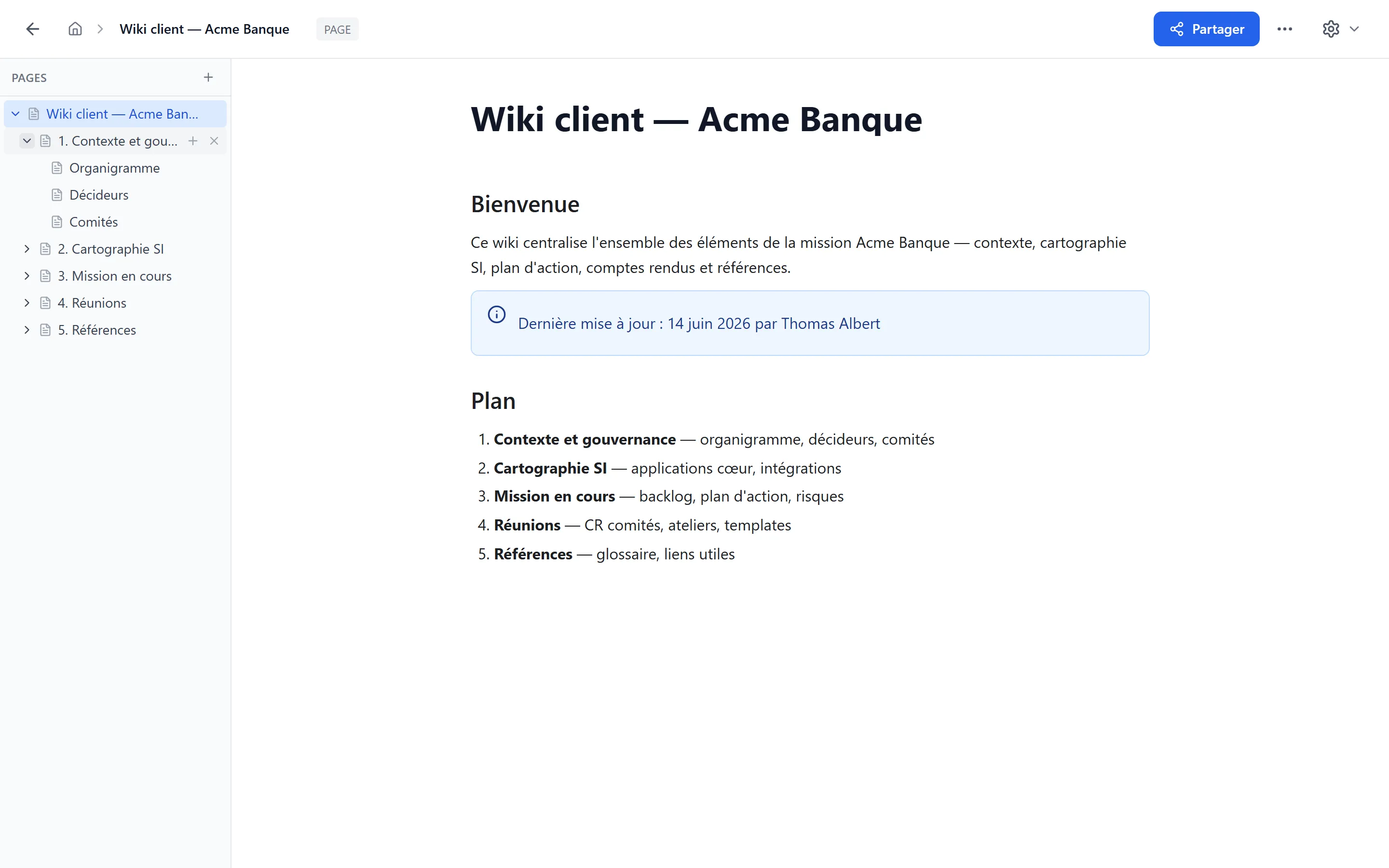 Sidebar du Wiki Acme avec arborescence dépliée sur 3 niveaux d'imbrication