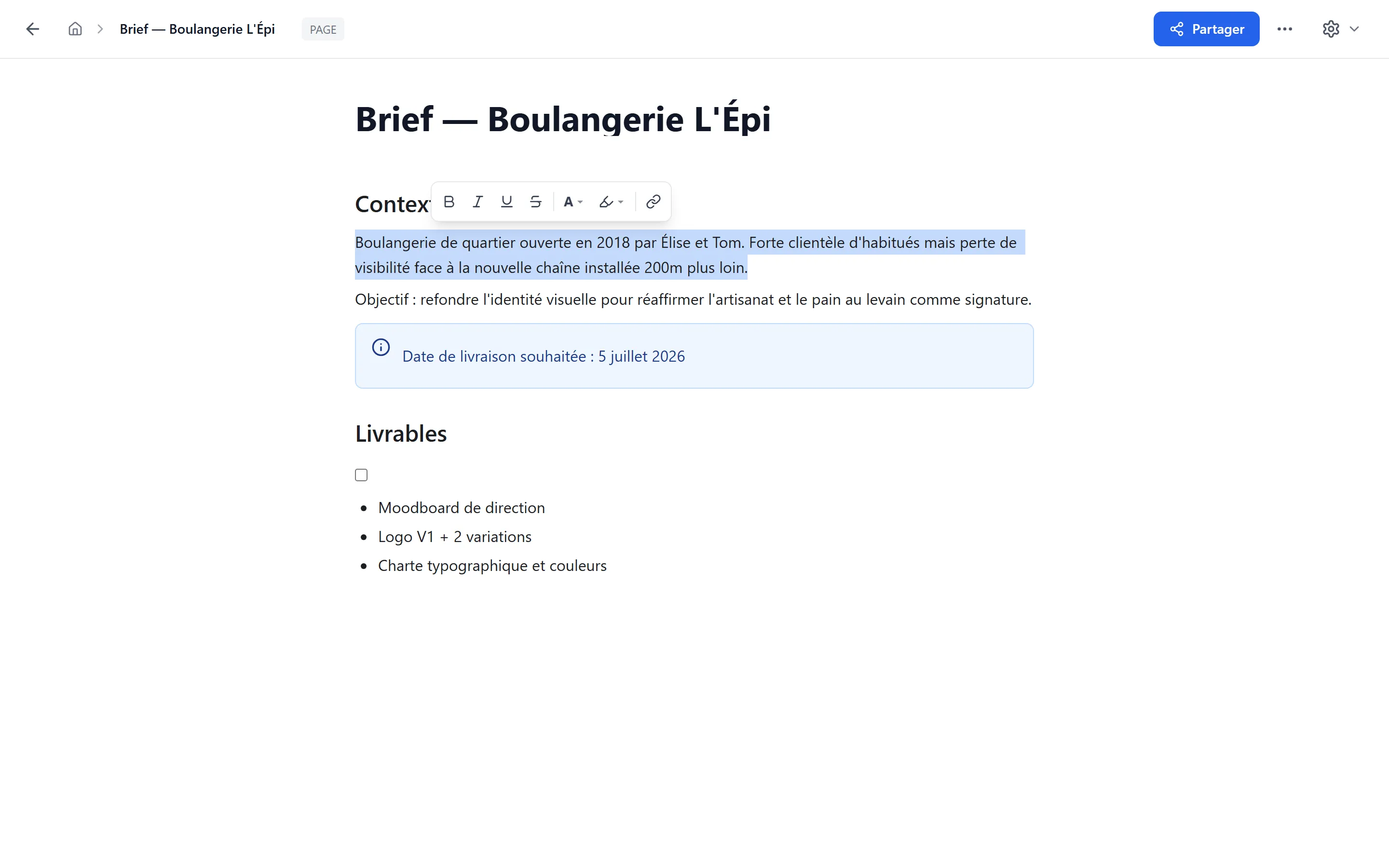 Bubble menu de formatage flottant au-dessus d'une sélection de texte — B, I, U, S, couleur, surlignage, lien