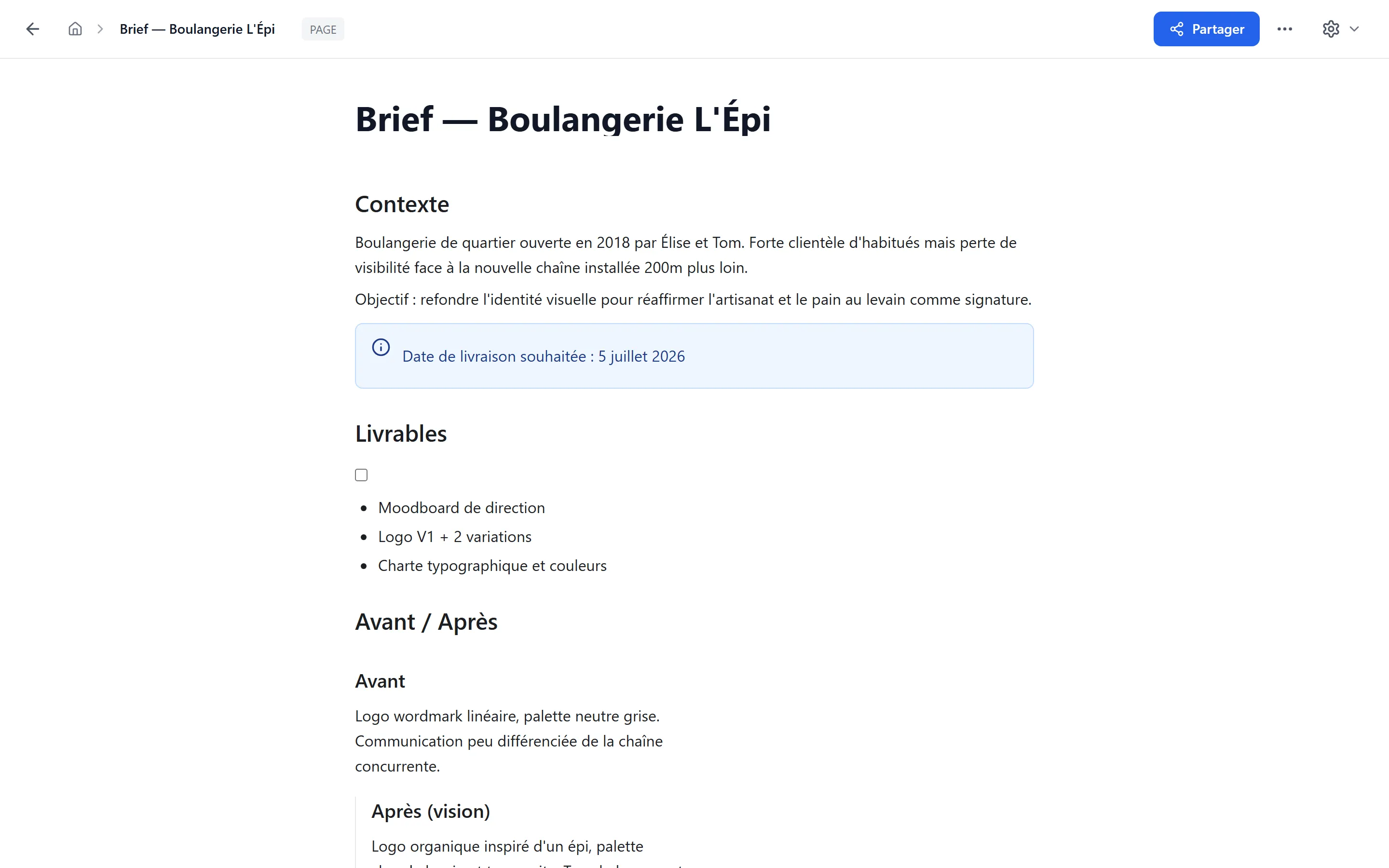 Page Brief Boulangerie L'Épi — éditeur riche avec callouts, columns, code, table et toggle visibles
