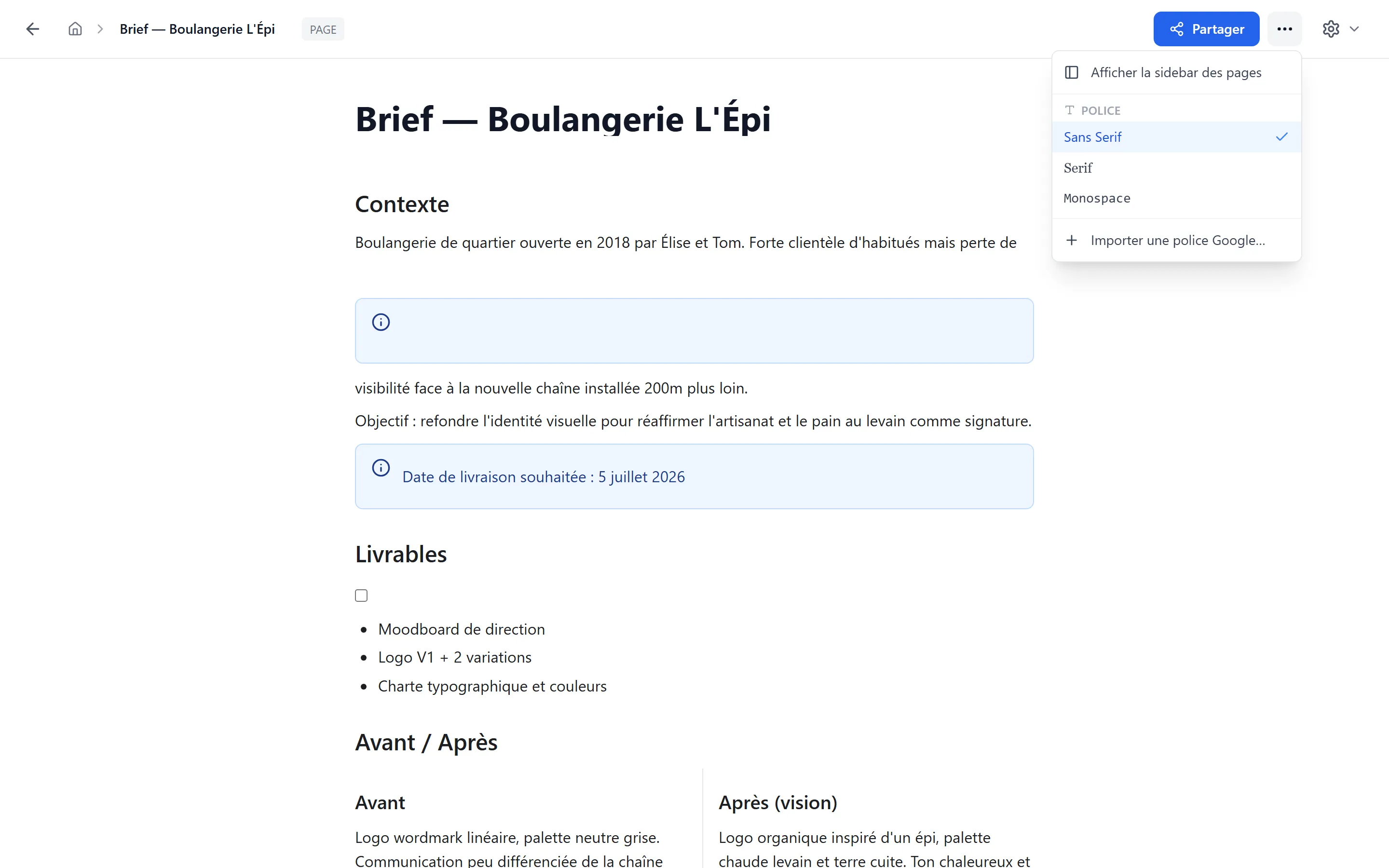 Menu ⋯ d'une Page H-Board avec la section POLICE proposant Sans Serif, Serif, Monospace et "Importer une police Google"