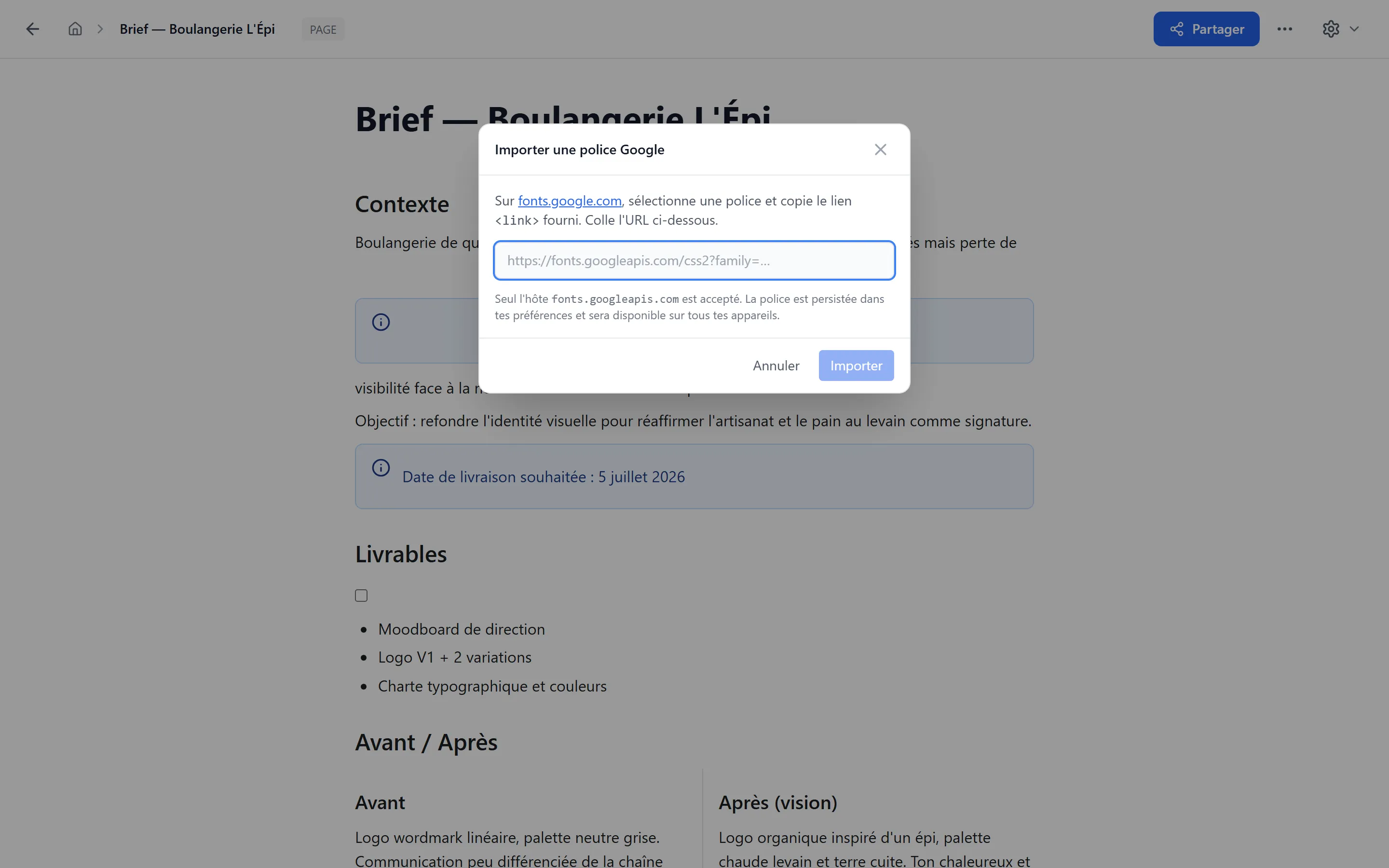 Modale "Importer une police Google" avec un champ URL et une note précisant que seul l'hôte fonts.googleapis.com est accepté