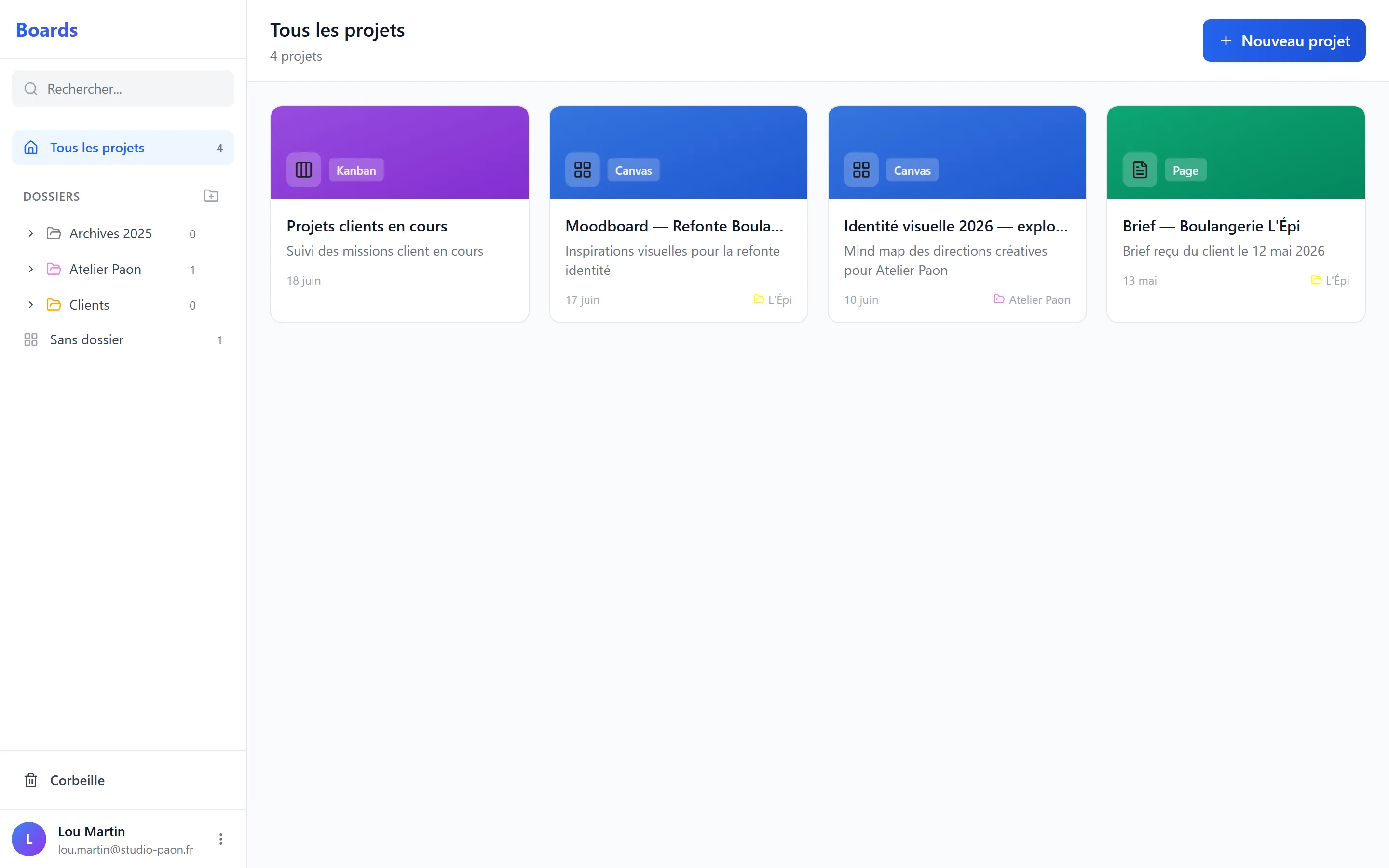 Dashboard de Lou — sidebar avec dossiers, grille de projets, en-tête avec recherche et avatar