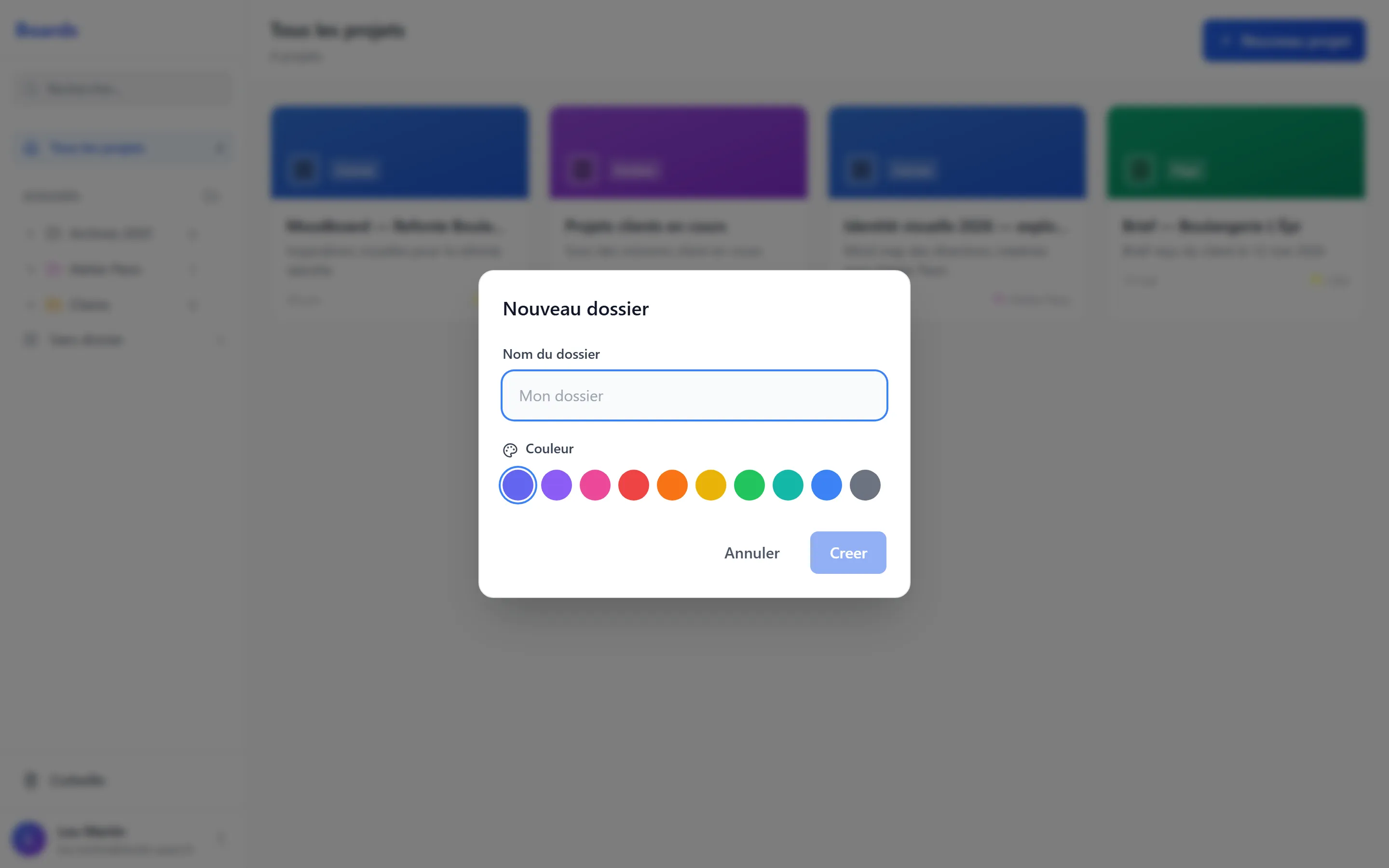 Modal « Nouveau dossier » avec champ nom et nuancier de 8 couleurs