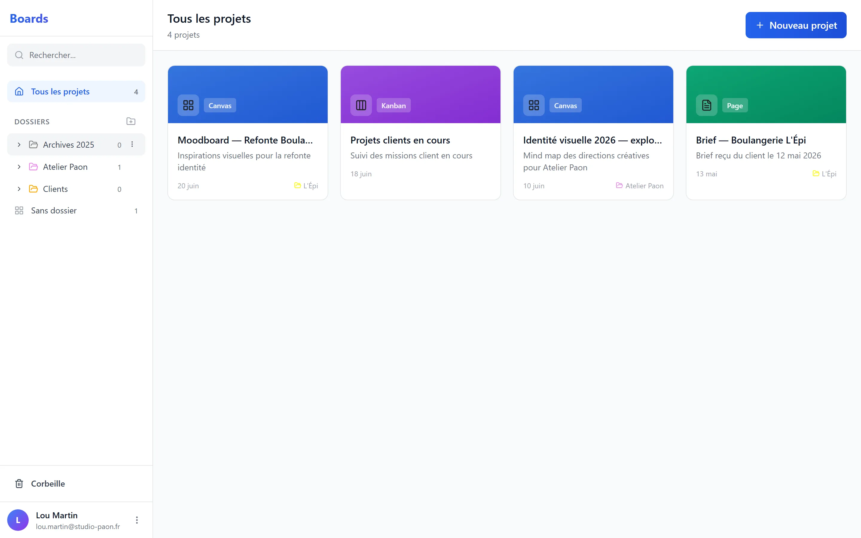 Menu d'actions ⋯ ouvert sur une carte projet : Renommer, Dupliquer, Déplacer, Partager, Supprimer