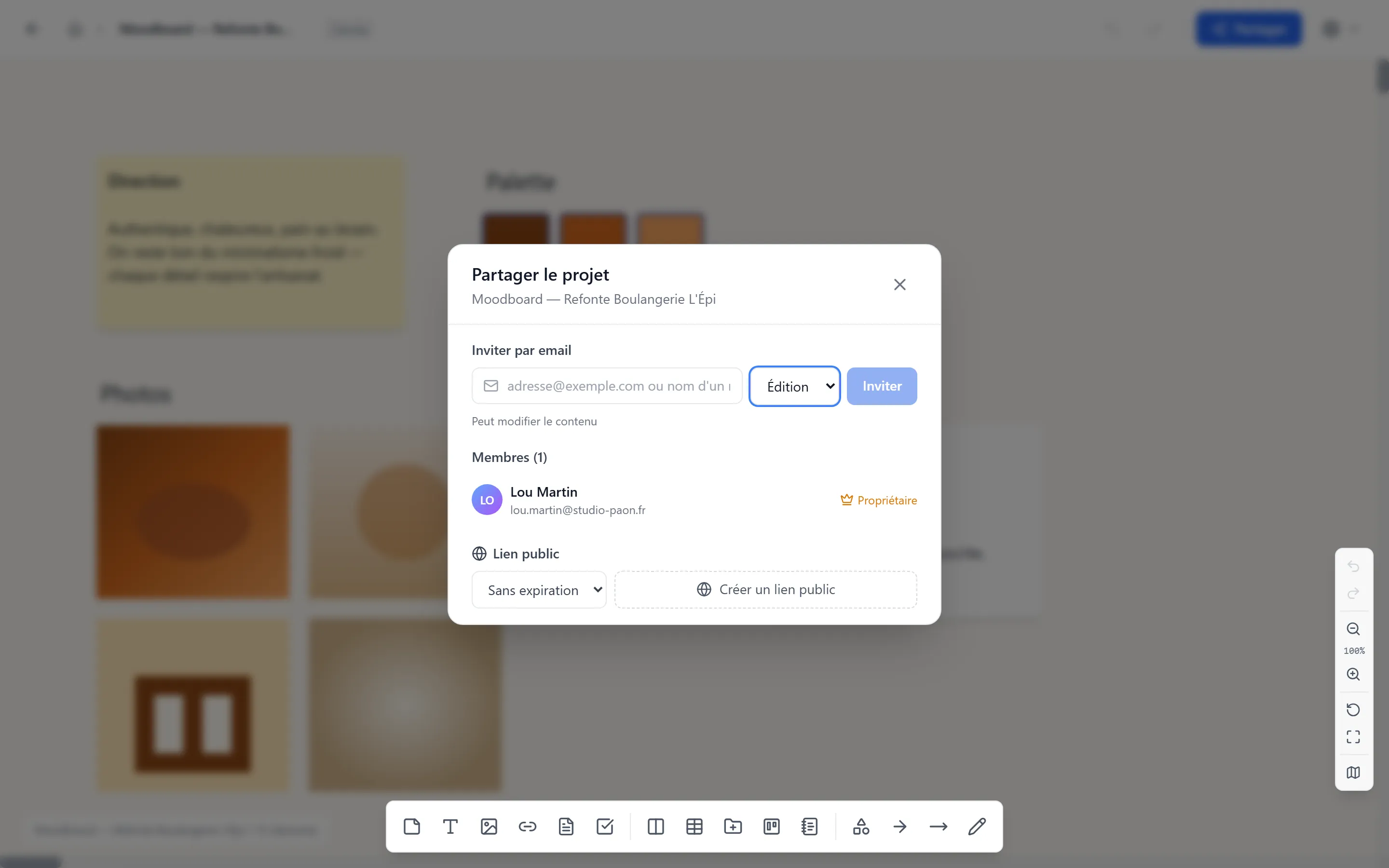Modal Partager — sélecteur de rôle dans le formulaire d'invitation avec les options Lecture, Édition et Admin