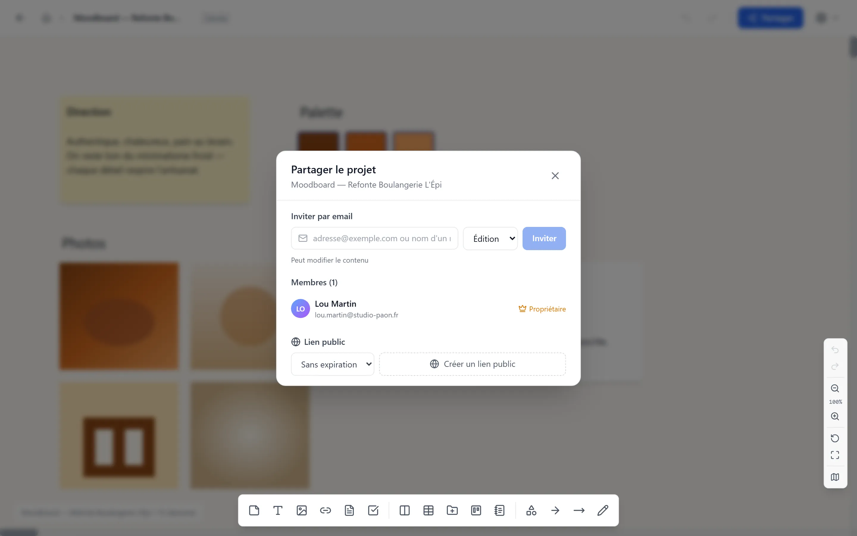 Modal Partager — formulaire d'invitation en haut, liste des membres, sélecteur de rôle