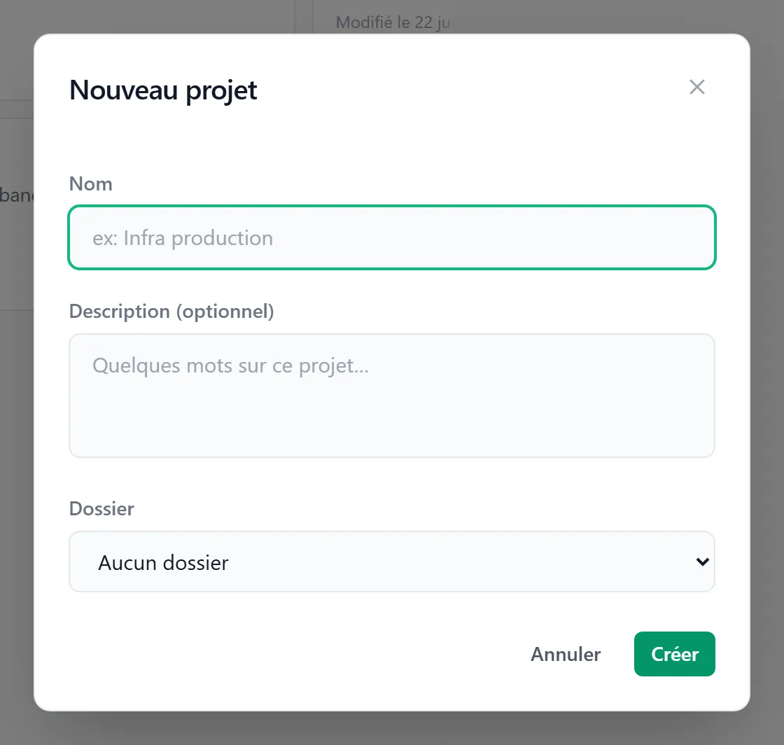 Modale « Nouveau projet réseau » — champ Nom obligatoire, champ Description optionnel, sélecteur Dossier de destination, boutons Annuler / Créer