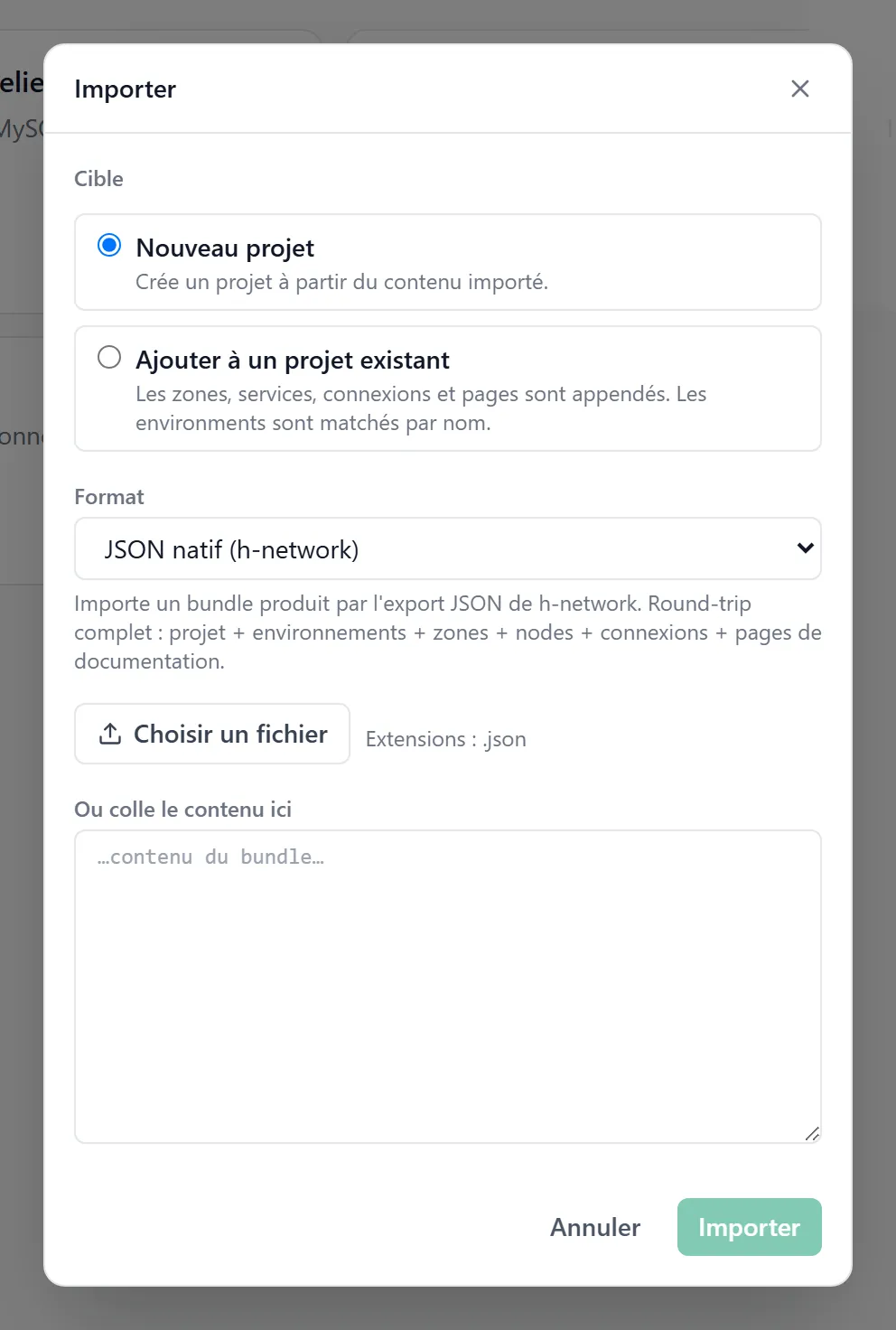 Modale « Importer un projet » — zone de drop pour fichier .json, sélecteur de format, options de nommage, bouton Importer