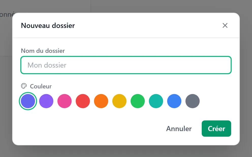 Modale « Nouveau dossier » — champ Nom, palette de couleurs prédéfinies (orange, jaune, rouge, gris…), boutons Annuler / Créer