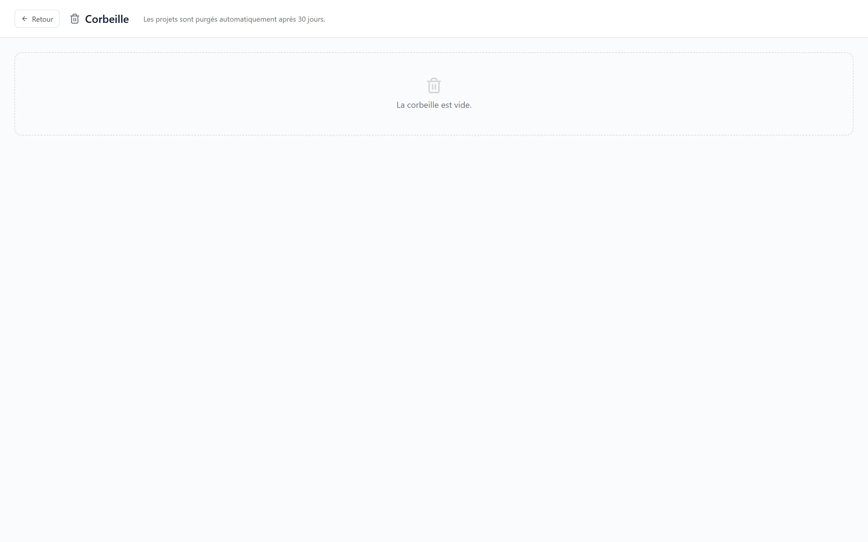 Page Corbeille — liste des projets supprimés avec leur date de suppression, boutons Restaurer et Vider la corbeille
