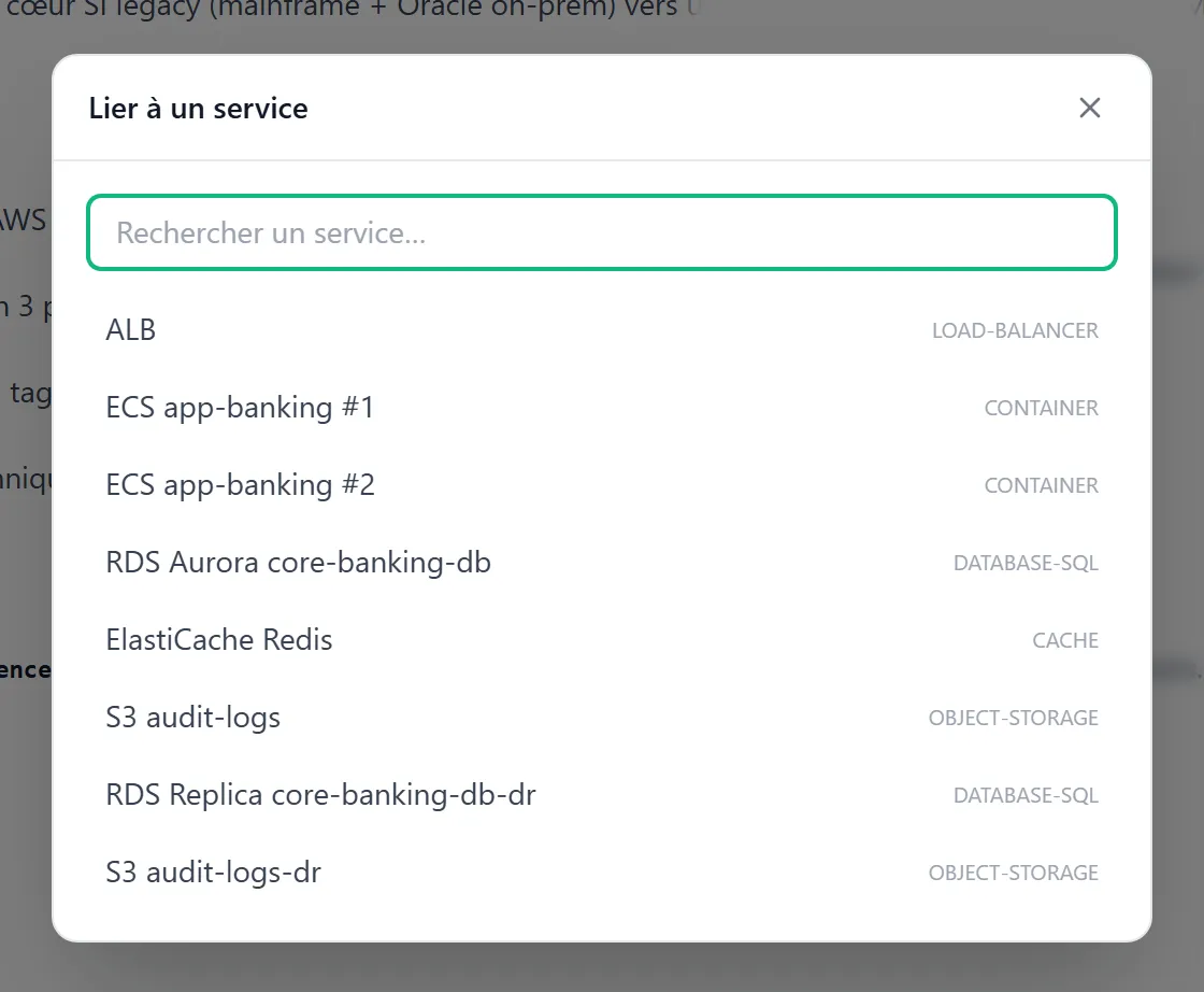 Modale « Lier à un service » — recherche en haut, liste des services du canvas avec leur nom et leur type (ALB LOAD-BALANCER, ECS app-banking #1 CONTAINER, RDS Aurora core-banking-db DATABASE-SQL, ElastiCache Redis CACHE, S3 audit-logs OBJECT-STORAGE…), cliquables pour créer la liaison