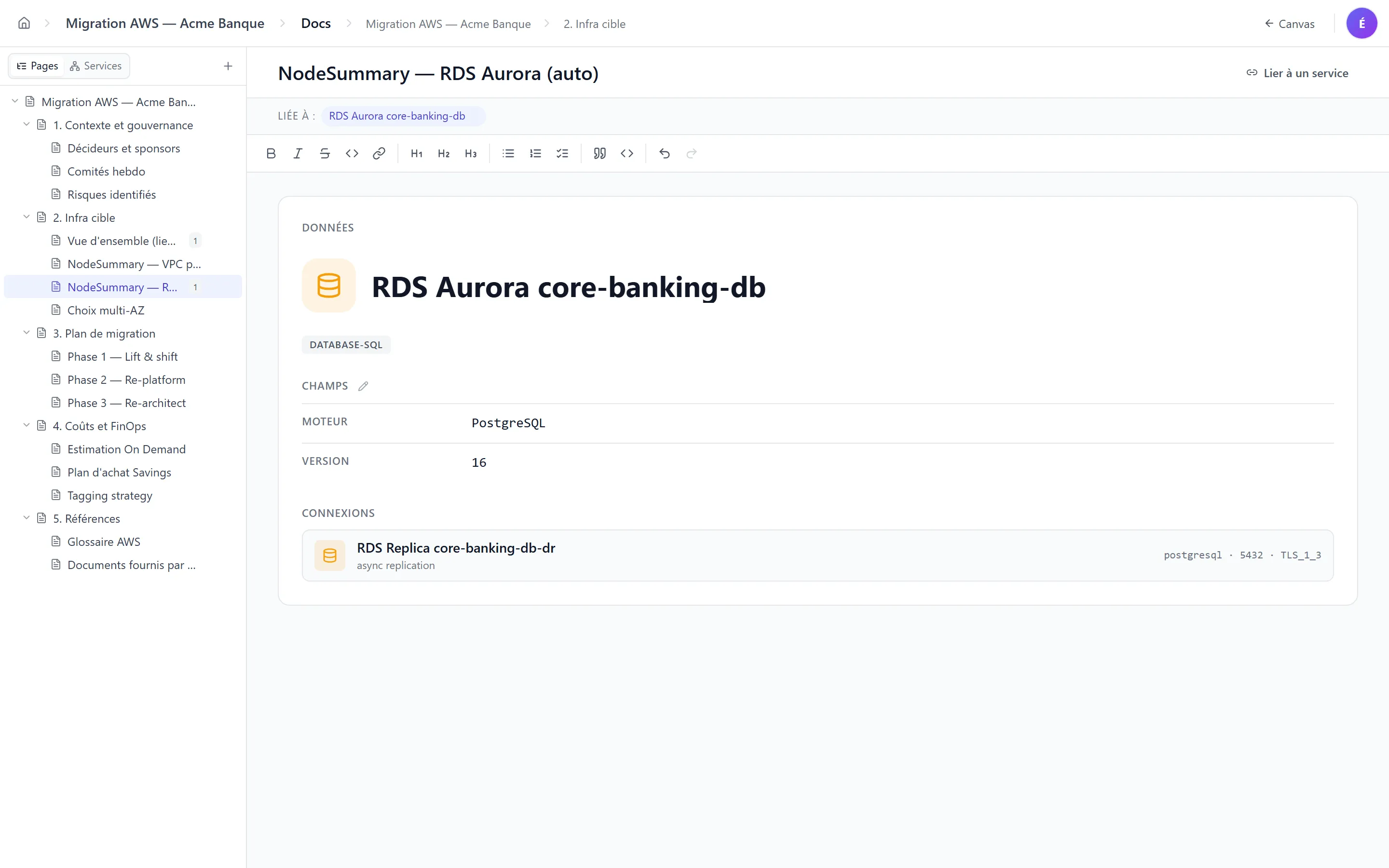 Encart NodeSummary en tête de la page « NodeSummary — RDS Aurora (auto) » — fil d'Ariane EXTERNE / RDS Aurora core-banking-db, badge type DATABASE-SQL, section Champs avec Moteur PostgreSQL et Version 16, section Connexions vers RDS Replica core-banking-db-dr (postgresql, port 5432, TLS 1.3)