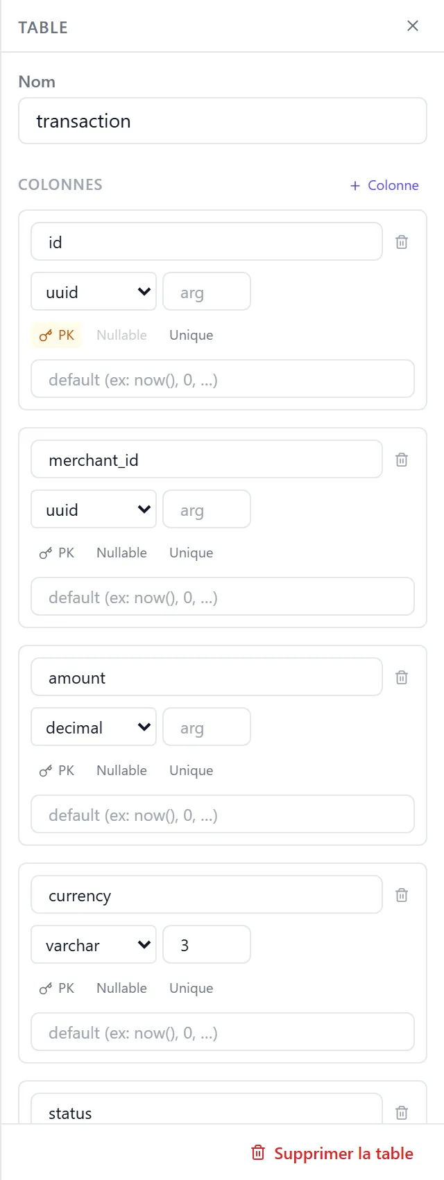 Éditeur de table à droite du canvas — table « transaction » sélectionnée, champ Nom en haut, liste verticale des colonnes éditables inline (nom, type via menu déroulant, arg, toggles PK 🔑 / Nullable / Unique, default), bouton « + Colonne » et action « Supprimer la table » en bas